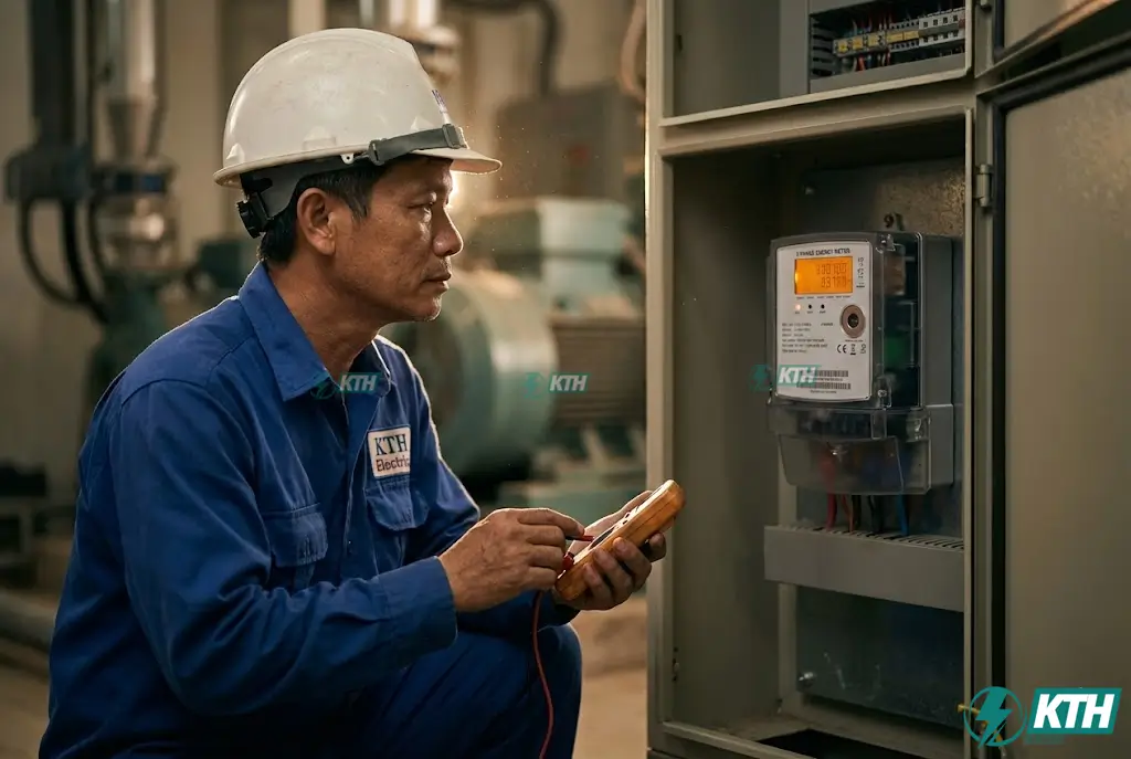 Kỹ sư KTH Electric đang kiểm tra thông số trên công tơ điện tử 3 pha công nghiệp tại nhà xưởng.