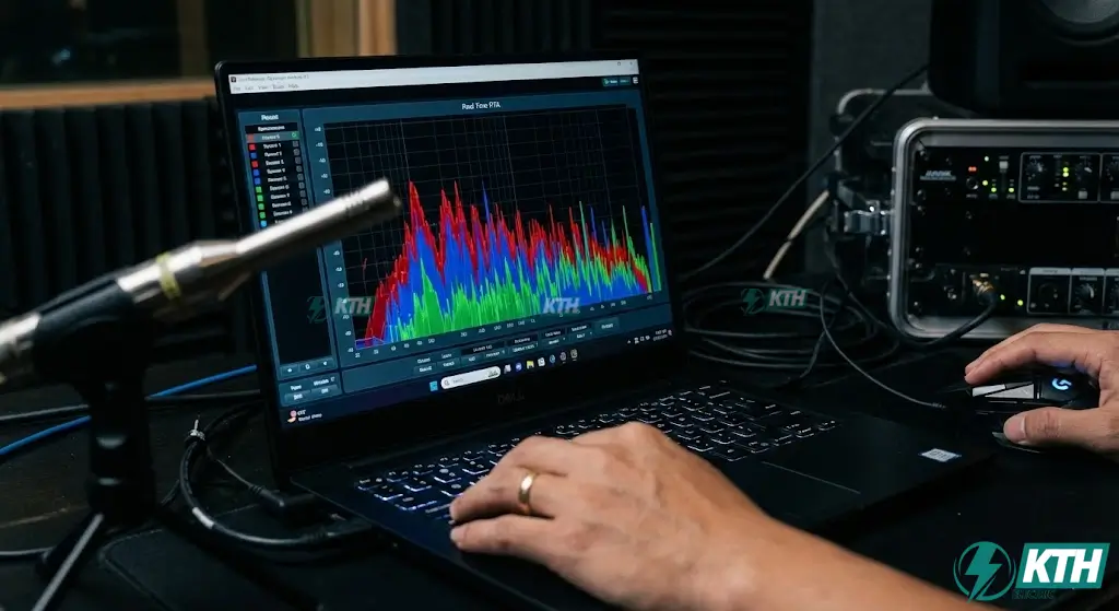 Kỹ thuật viên sử dụng phần mềm đo đạc âm học RTA để cắt tần số hú rít và cân chỉnh Phase cho dàn loa.