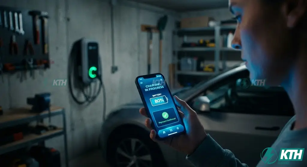 Thi Công Trạm Sạc Chung Cư Cao Cấp: Giải Pháp PCCC & An Toàn 2025 4 Giao diện ứng dụng quản lý trạm sạc xe điện trên điện thoại giúp cư dân thanh toán tự động và theo dõi quá trình sạc pin theo thời gian thực.