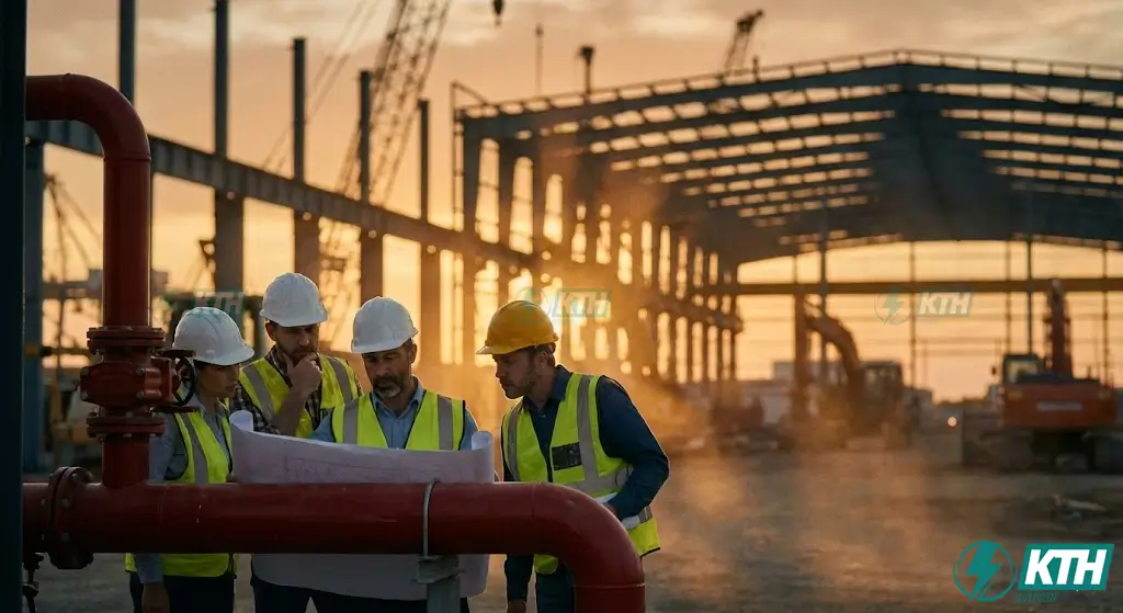 QCVN 06:2022/BXD & Sửa Đổi 1:2023: Cẩm Nang "Gỡ Rối" PCCC (2025) 1 Kỹ sư KTH Electric kiểm tra hệ thống ống nước chữa cháy tại công trình xây dựng tuân thủ quy chuẩn QCVN 06:2022/BXD và Sửa đổi 1:2023.