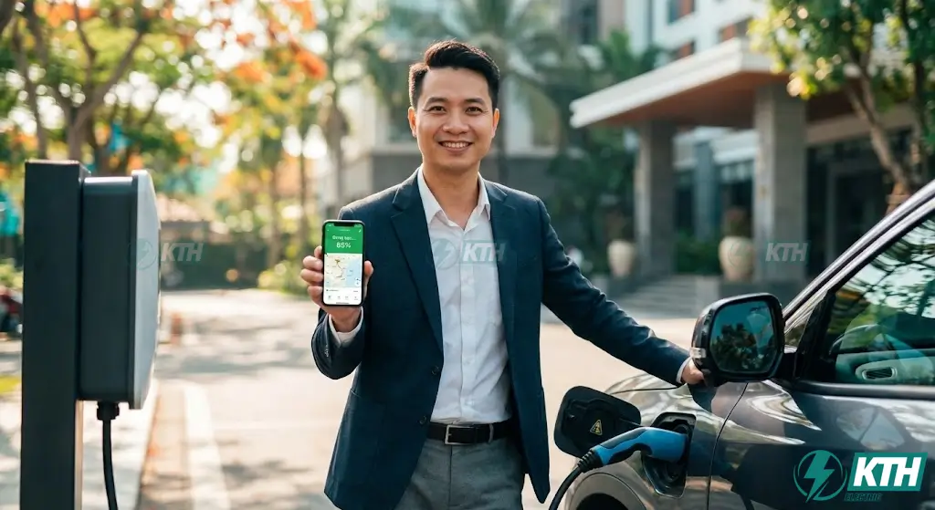 Giải Pháp Trạm Sạc Khách Sạn: Bí Quyết Hút Khách VIP & Tăng Doanh Thu 2025 3 Khách hàng quét mã QR thanh toán trạm sạc xe điện qua ứng dụng di động dễ dàng.