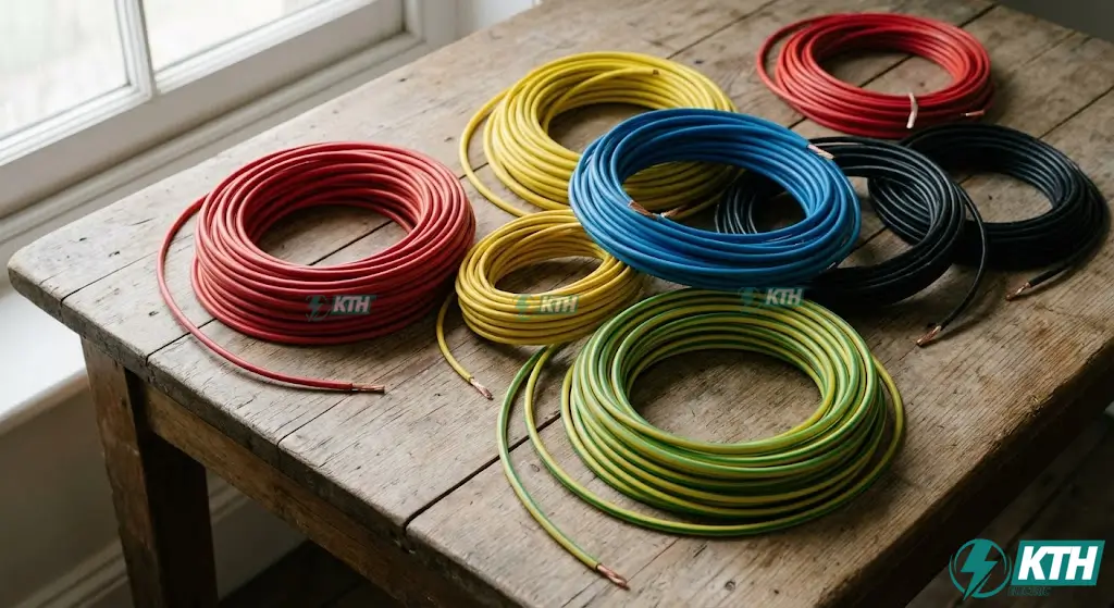 Các loại màu sắc dây dẫn điện theo tiêu chuẩn IEC và TCVN bao gồm dây pha đỏ vàng xanh, dây trung tính đen và dây tiếp địa vàng sọc xanh.