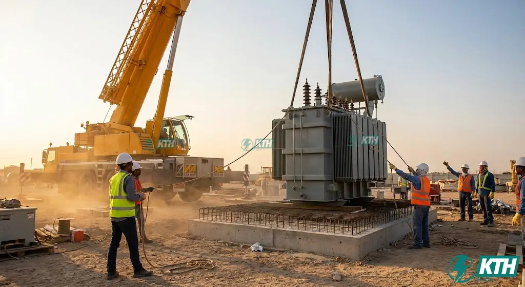 Thi Công Trạm Biến Áp Trọn Gói: Bảng Báo Giá & Quy Trình 2025 5 Quy trình cẩu lắp máy biến áp dầu 3 pha vào vị trí bệ móng bê tông an toàn tại công trình.