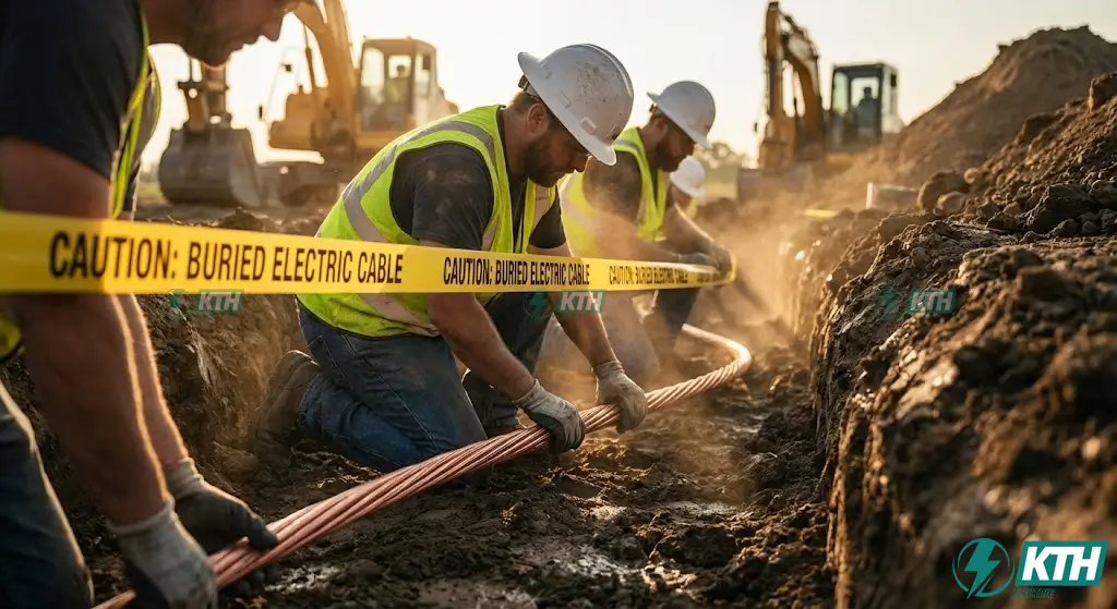 Thi Công Chiếu Sáng Hạ Thế: Biện Pháp & Báo Giá 2025 4 Công nhân đang thi công đào hào và rải cáp ngầm chiếu sáng đúng kỹ thuật độ sâu 0.7m.