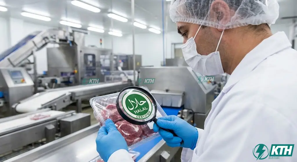 Chuyên gia kiểm soát chất lượng đang kiểm tra quy trình sản xuất và logo chứng nhận Halal trên bao bì thực phẩm để đảm bảo không nhiễm Haram.