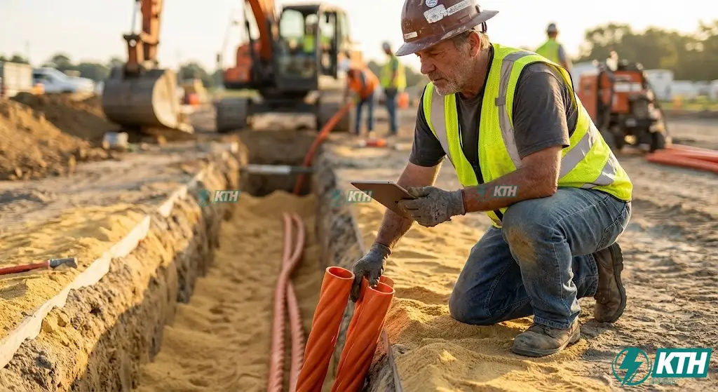 Quy trình thi công cáp ngầm hạ thế chôn sâu 0.7m, luồn trong ống nhựa xoắn HDPE chịu lực và rải cát đệm bảo vệ an toàn theo tiêu chuẩn TCVN 7447.