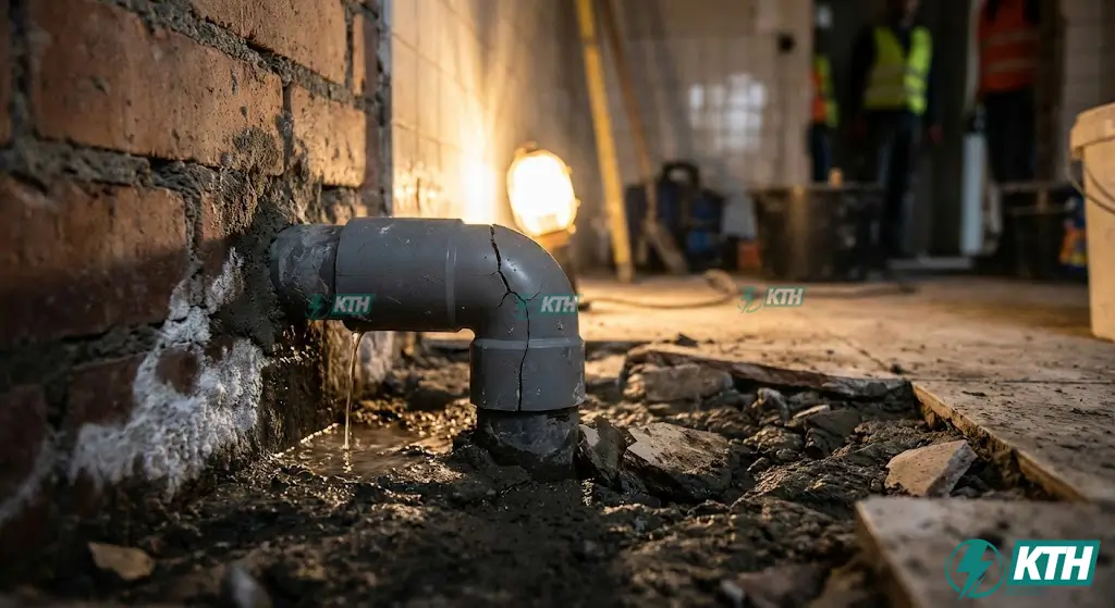 Tổng Hợp 5 Vị Trí Rò Rỉ Nước Nhà Phố & Quy Trình Thử Áp Lực (ISO) 1 Cận cảnh rò rỉ nước tại co nối góc khuỷu tay ống nhựa PVC âm dưới nền nhà vệ sinh gây thấm chân tường và ố gạch