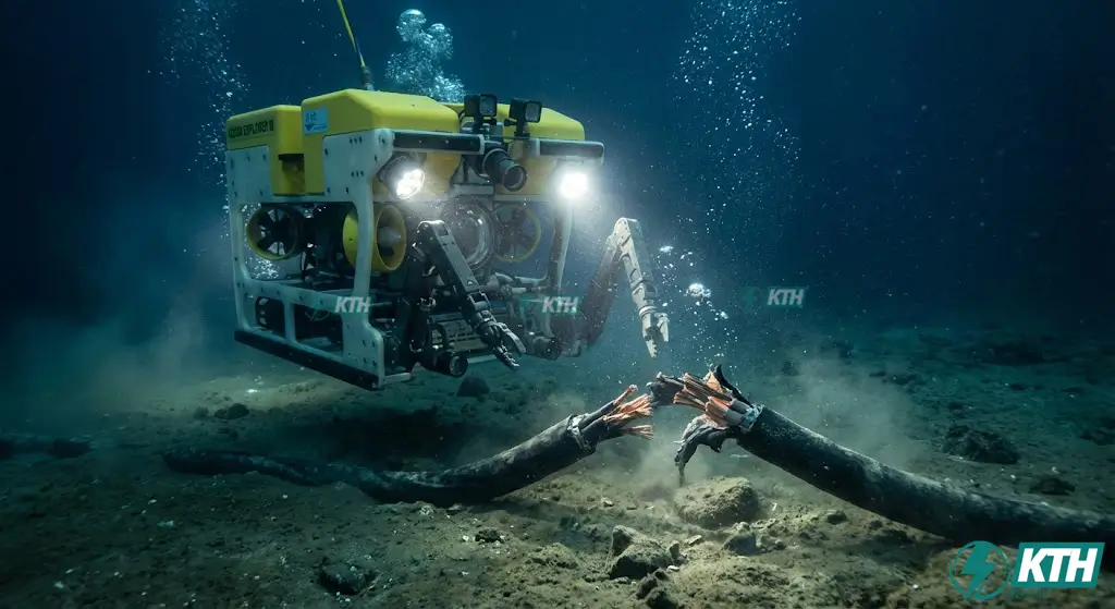 Robot lặn ROV kiểm tra trực quan và sửa chữa cáp ngầm dưới đáy biển sâu.