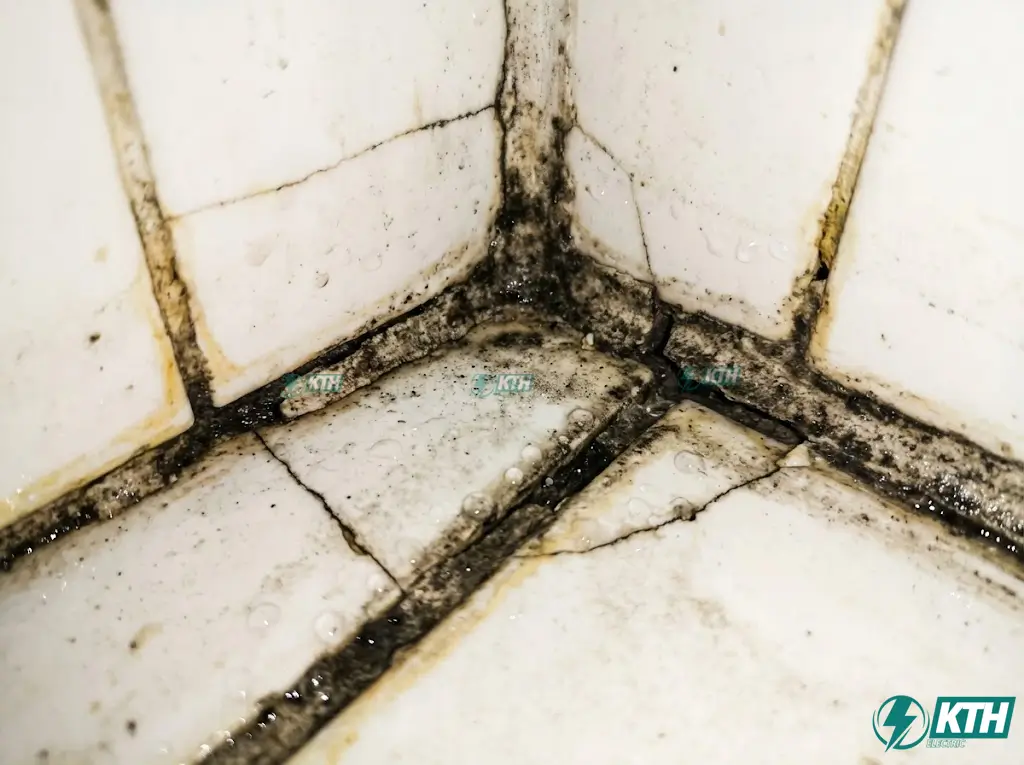 Hình ảnh ron gạch xi măng trắng bị đen nấm mốc và thấm nước trong nhà vệ sinh chung cư.