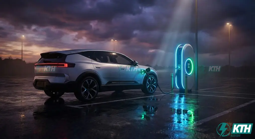 Sạc Nhanh Có Làm Hỏng Pin Xe Điện? Sự Thật Từ Kỹ Sư Điện (2025) 1 Xe điện đang sạc nhanh tại trạm sạc DC công suất lớn vào buổi tối, minh họa cho câu hỏi sạc nhanh có làm hỏng pin xe điện không.