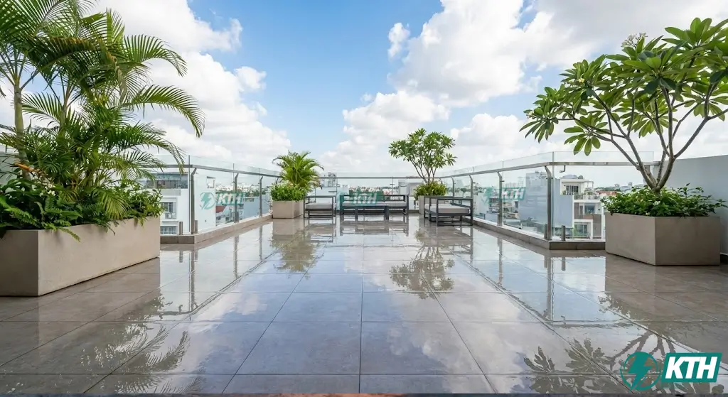 Sân thượng sau khi chống thấm và lát gạch hoàn thiện ngâm nước kiểm tra 24h.