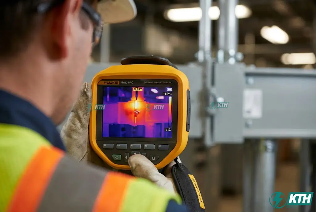 Hình ảnh scan nhiệt busway bằng camera hồng ngoại phát hiện điểm nóng quá nhiệt tại khớp nối joint kit cần xử lý ngay.