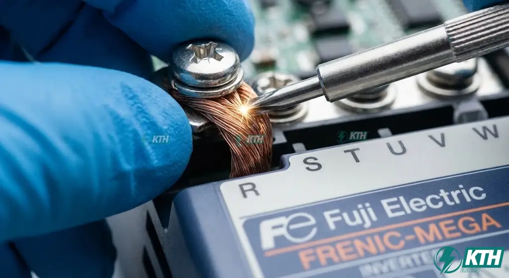 Hướng dẫn đấu dây động lực R-S-T và U-V-W cho biến tần Fuji MEGA đúng kỹ thuật an toàn điện.