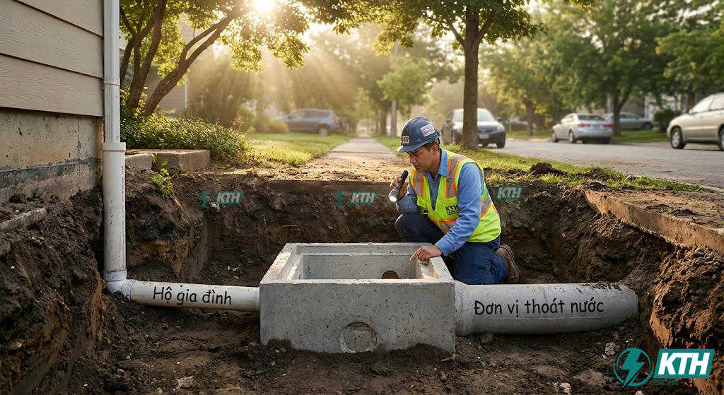 Nghị Định 80/2014/NĐ-CP: Cẩm Nang Thoát Nước & Xử Lý Nước Thải (2025) 2 Kỹ sư KTH Electric hướng dẫn điểm đấu nối hệ thống thoát nước hộ gia đình vào hộp đấu nối công cộng, minh họa ranh giới trách nhiệm theo quy định.