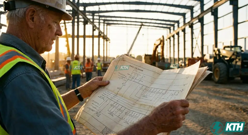 Kỹ sư điện đang kiểm tra bản vẽ sơ đồ đơn tuyến hệ thống điện công nghiệp tại công trình nhà xưởng.