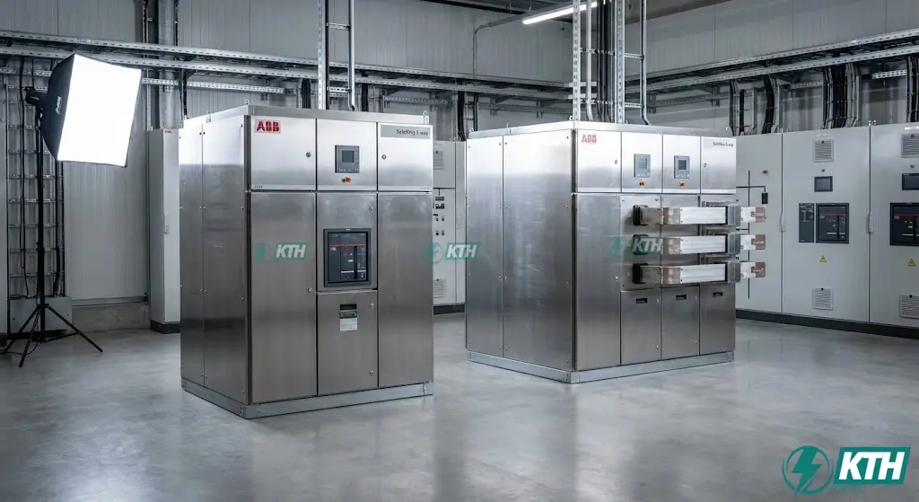 Hai tủ trung thế ABB SafeRing và SafePlus đặt cạnh nhau để so sánh kích thước và cấu hình trong trạm biến áp phân phối.