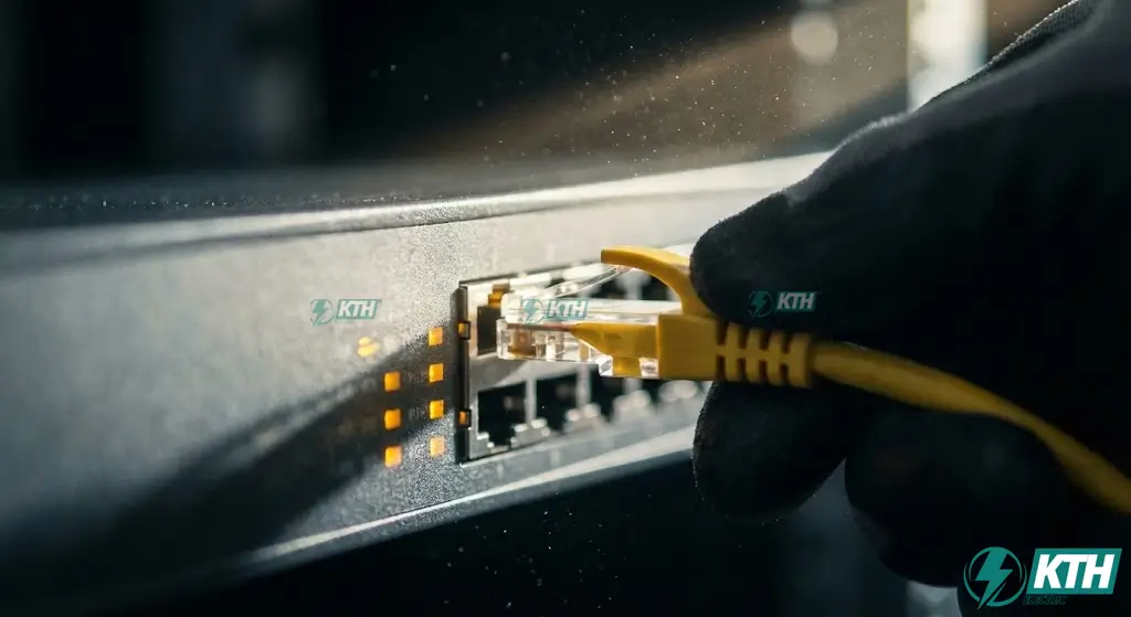 Kinh Nghiệm Mua Camera An Ninh: Quy Trình 4 Bước Chuẩn 2025 2 Cận cảnh kết nối dây mạng Lan vào đầu ghi camera PoE đảm bảo tín hiệu ổn định cho hệ thống an ninh nhà xưởng.