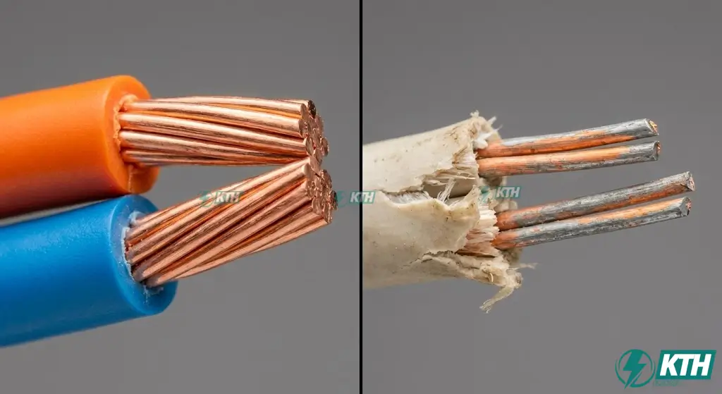 So sánh chất lượng lõi đồng nguyên chất và cáp mạng pha tạp CCA kém chất lượng dễ gây oxy hóa và mất tín hiệu.