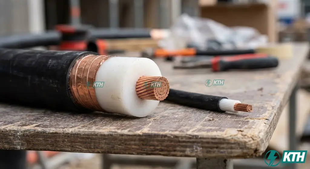 Hình ảnh so sánh thực tế độ dày lớp cách điện XLPE giữa cáp trung thế 24kV (trái) và cáp hạ thế 1kV (phải).