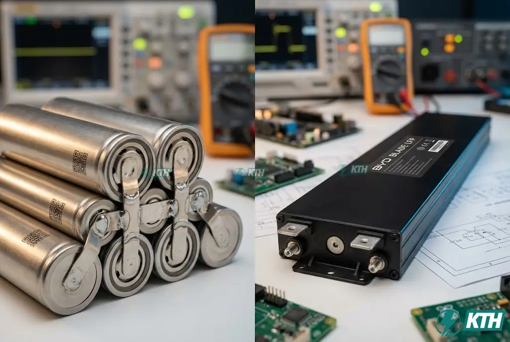 So Sánh Tesla, BYD & VinFast 2025: Phân Tích Kỹ Thuật Từ Kỹ Sư Điện 2 Cận cảnh macro so sánh cấu trúc kỹ thuật giữa Cell pin hình trụ 4680 của Tesla (ưu tiên mật độ năng lượng) và module Pin Blade LFP dạng lưỡi dao của BYD (ưu tiên độ an toàn và chống cháy nổ).