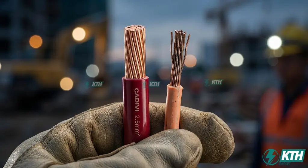 Hình ảnh so sánh chi tiết lõi đồng của dây điện Cadivi chính hãng (đồng đỏ tươi, đủ ly) và dây điện kém chất lượng (đồng xỉn màu, thiếu tiết diện) để tránh nguy cơ chập cháy.