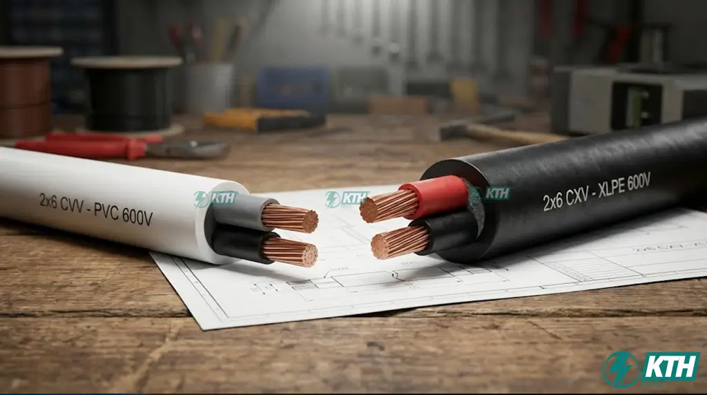 Hình ảnh so sánh thực tế cấu tạo giữa dây cáp điện CVV vỏ PVC và dây CXV vỏ XLPE chịu nhiệt cao.