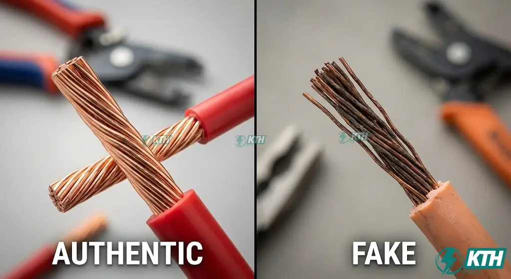 Hình ảnh so sánh chi tiết lõi đồng của dây điện chính hãng Cadivi (đồng tươi sáng bóng) và dây điện giả kém chất lượng (đồng xỉn màu) để khách hàng dễ dàng phân biệt.