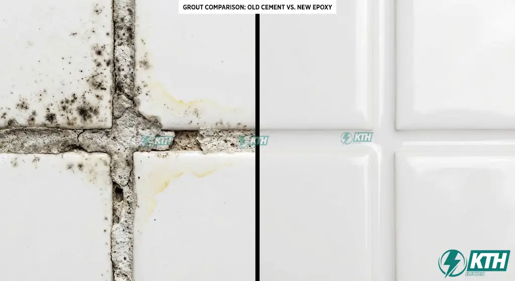 Hình ảnh so sánh sự khác biệt giữa đường ron xi măng cũ bị đen mốc nứt nẻ và đường ron keo Epoxy mới bóng mịn chống thấm.