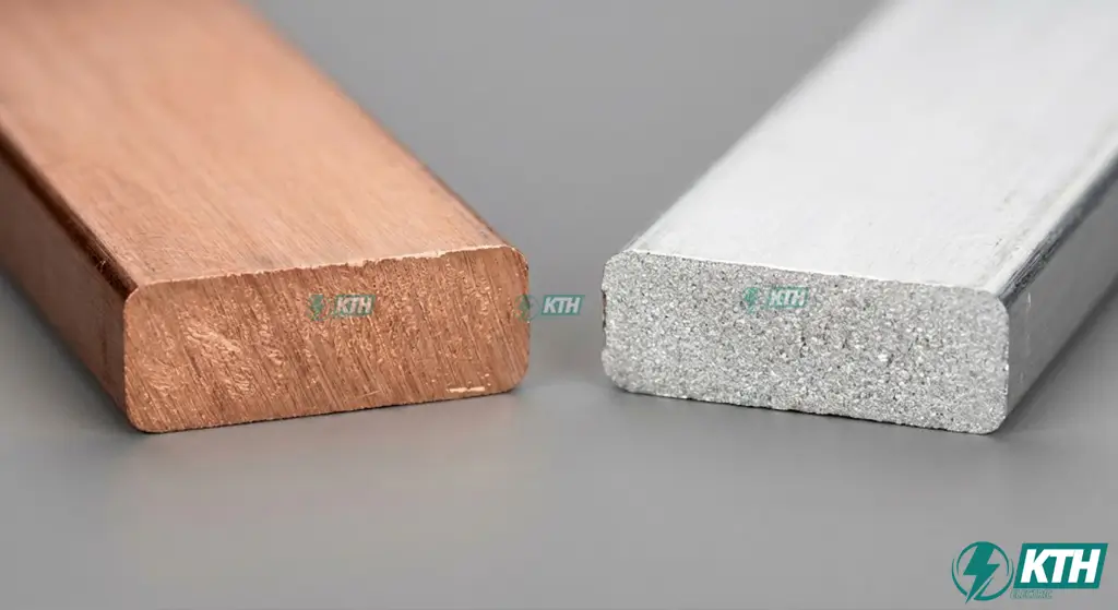 Ảnh chụp cận cảnh so sánh mặt cắt thực tế giữa thanh cái đồng nguyên chất màu đỏ (trái) và thanh cái nhôm hợp kim màu bạc (phải).