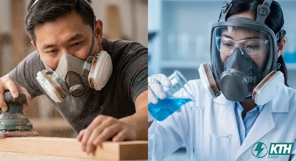 So sánh mặt nạ phòng độc nửa mặt 3M 6200 cho thợ mộc và mặt nạ nguyên mặt 3M 6800 cho phòng thí nghiệm hóa chất.