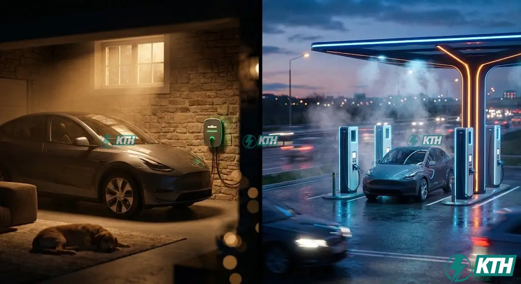 AC vs DC Charging: Nên Chọn Loại Nào? Hướng Dẫn Tối Ưu Pin 2025 1 Hình ảnh so sánh trực quan giữa sạc xe điện AC tại nhà vào ban đêm (sạc chậm, yên tĩnh) và trạm sạc nhanh DC trên đường cao tốc vào lúc hoàng hôn (sạc nhanh, nhộn nhịp).
