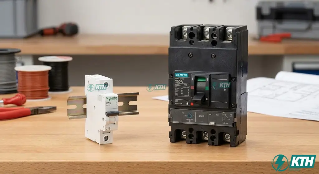 Thiết Bị Đóng Cắt (Switchgear): Cẩm Nang & Báo Giá Mới Nhất 2025 3 Hình ảnh so sánh kích thước và cấu tạo giữa Aptomat dạng tép MCB và Aptomat dạng khối MCCB dùng trong công nghiệp.