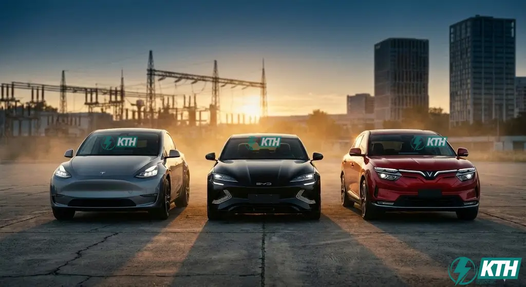 Bức ảnh nghệ thuật so sánh trực quan ba mẫu xe điện Tesla Model Y, BYD Seal và VinFast VF8 trong bối cảnh thử nghiệm kỹ thuật, đại diện cho cuộc đua công nghệ pin và sạc điện năm 2025.