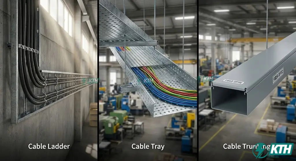 So sánh chi tiết cấu tạo và ứng dụng của 3 loại hệ thống đỡ cáp phổ biến: Thang cáp (Cable Ladder) chịu lực, Máng cáp (Cable Tray) đột lỗ thoáng khí và Khay cáp (Trunking) kín chống bụi.