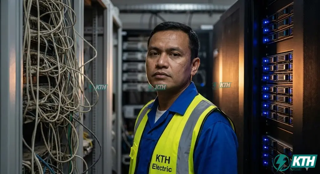 Kỹ sư KTH Electric kiểm tra hệ thống dây cáp tổng đài Analog và so sánh với hạ tầng mạng cho tổng đài ảo Cloud PBX.