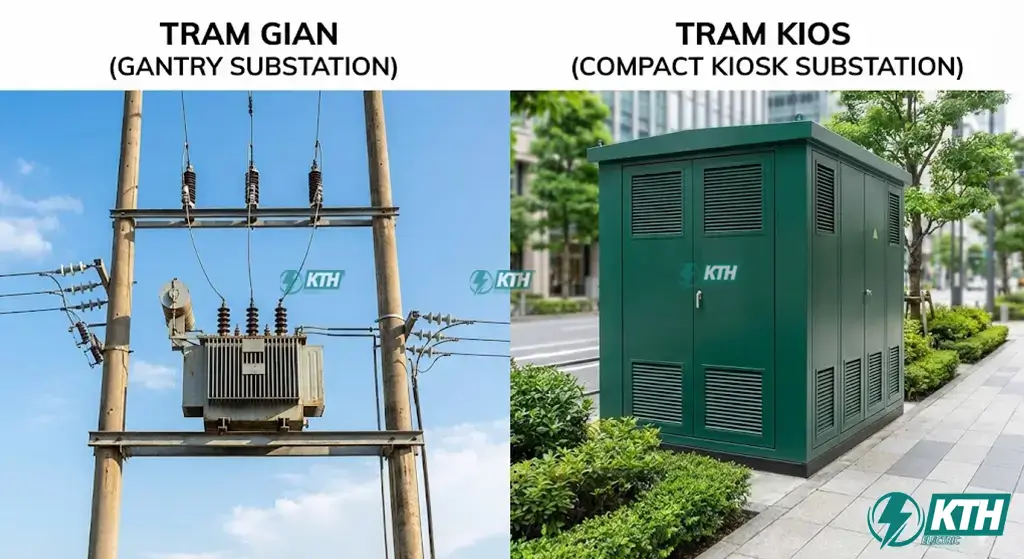 So sánh hình ảnh thực tế trạm biến áp giàn treo và trạm biến áp hợp bộ Kios 5000kVA lắp đặt ngoài trời.
