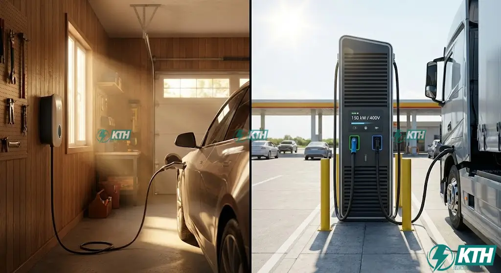 Trạm Sạc Xe Điện Là Gì? Phân Biệt AC/DC & Chi Phí Lắp Đặt 2025 2 So sánh sự khác biệt kỹ thuật và kích thước giữa bộ sạc AC treo tường tại nhà và trạm sạc nhanh DC công suất lớn.