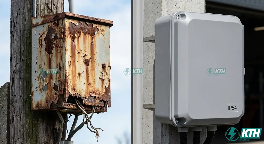 Bảng Điện Cửa Cột 2025: Báo Giá & Hướng Dẫn Lắp Đặt Chuẩn EVN 2 So sánh vỏ tủ điện sắt bị rỉ sét và bảng điện cửa cột composite SMC chống ăn mòn, chống nước.