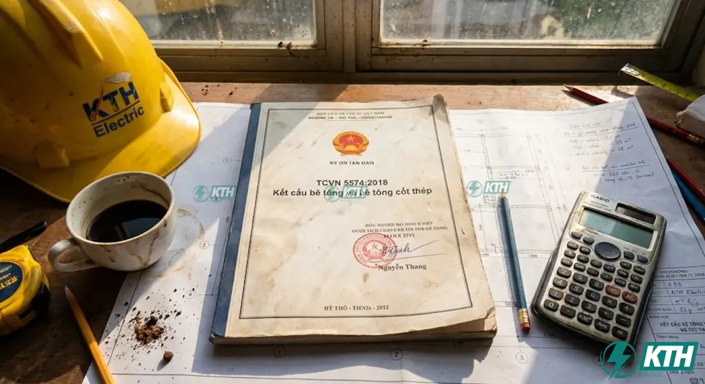 Bìa tiêu chuẩn thiết kế kết cấu bê tông cốt thép TCVN 5574 2018 bản gốc có dấu đỏ tại văn phòng KTH Electric.