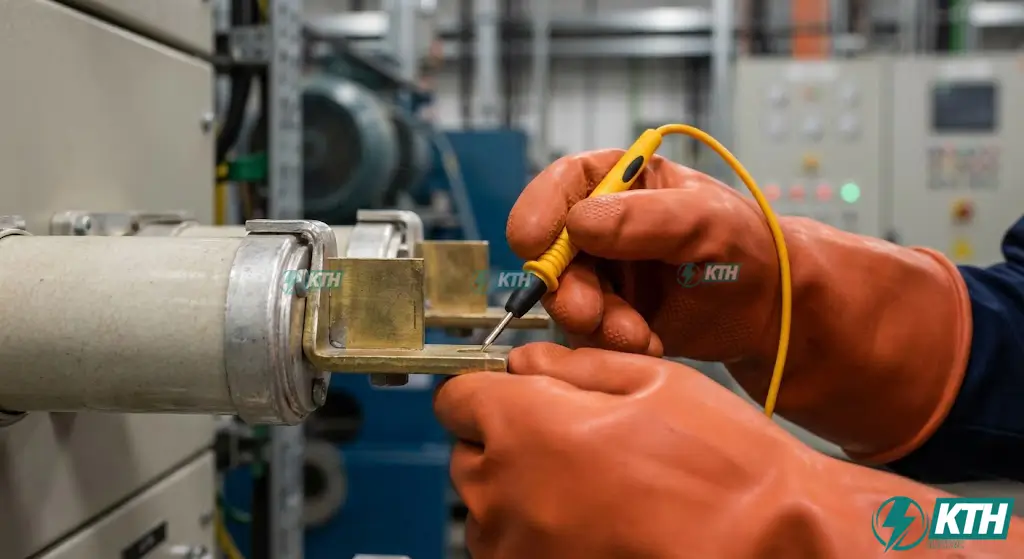 KTH Electric engineer testing HRC fuse continuity with a multimeter to verify operational status.