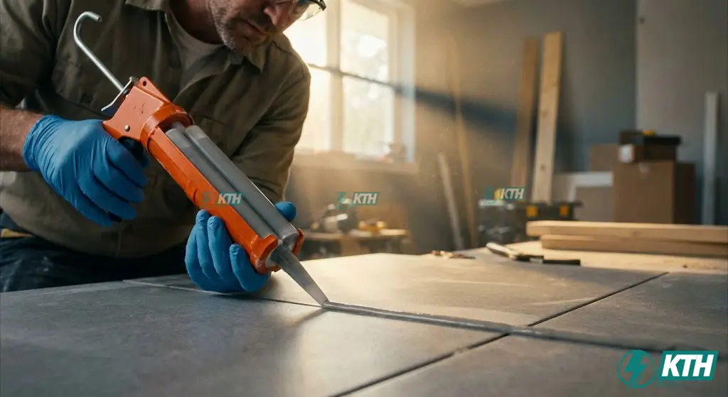 So Sánh Keo Ron Epoxy Với Xi Măng Trắng: Giải Pháp Nào Chống Thấm? 3 Thợ thi công kỹ thuật cao đang bắn keo ron Epoxy hai thành phần vào mạch gạch bằng súng chuyên dụng tại công trình nhà dân TP.HCM.