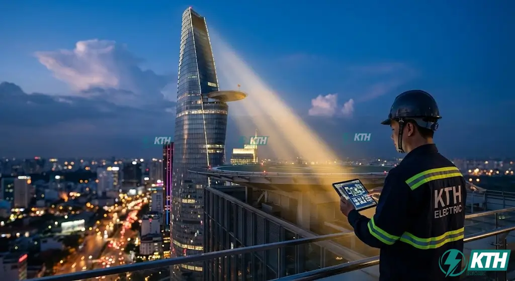Toàn cảnh tòa nhà Bitexco Financial Tower về đêm với kỹ sư KTH Electric đang kiểm tra hệ thống camera giám sát an ninh tòa nhà cao tầng.