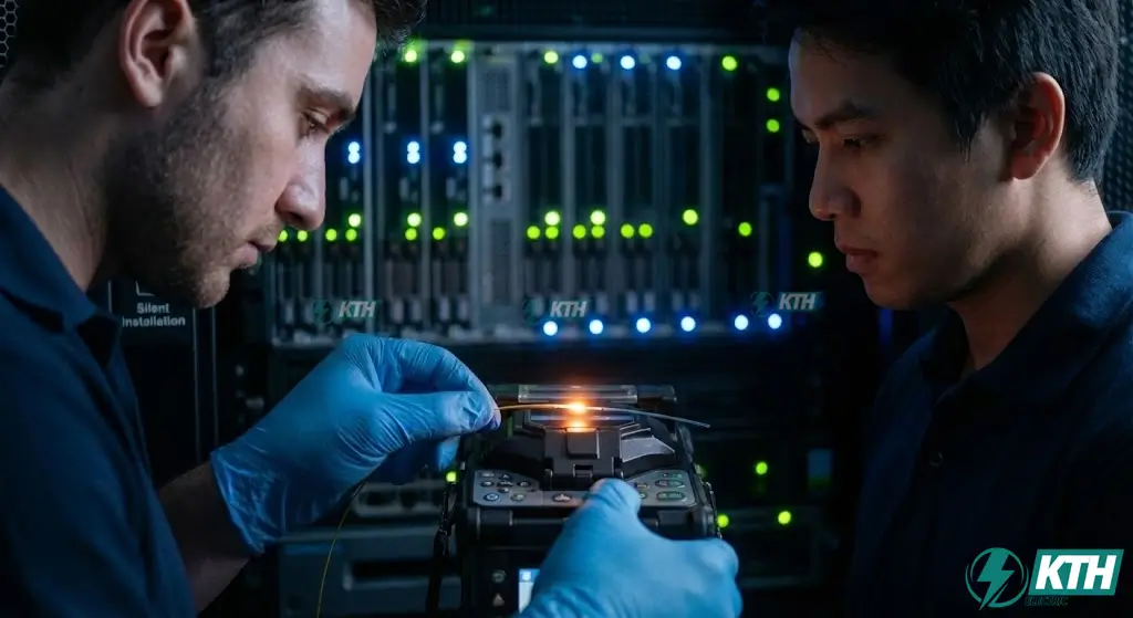 Kỹ sư KTH Electric đang hàn nối cáp quang trục đứng (Fiber Optic Backbone) trong phòng server trung tâm tòa nhà văn phòng hạng A.