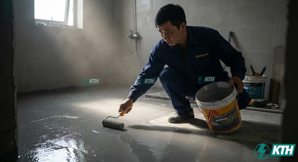 Thợ thi công quét sika chống thấm sàn nhà vệ sinh 3 lớp đúng tiêu chuẩn kỹ thuật xây dựng 2025