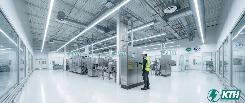 Hệ thống điện chiếu sáng và thông gió nhà xưởng đạt chuẩn GMP và Halal giúp kiểm soát vệ sinh và ngăn ngừa nhiễm khuẩn Najis.
