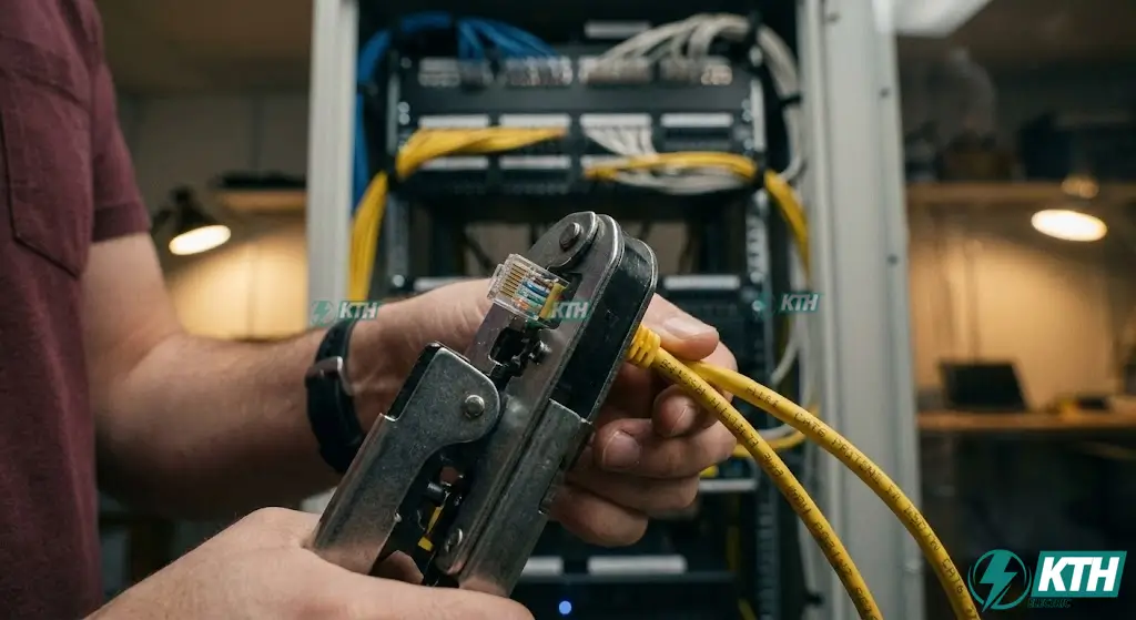 Kỹ thuật viên thi công bấm đầu dây mạng Cat6 cho hệ thống tổng đài nội bộ, chi phí hạ tầng mạng LAN.