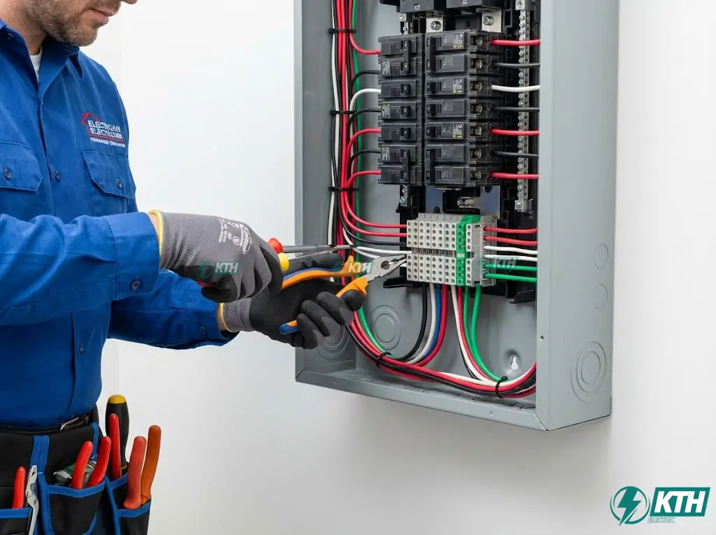 Thợ kỹ thuật KTH Electric đang thi công hệ thống điện nước âm tường an toàn chuẩn kỹ thuật cho nhà phố.