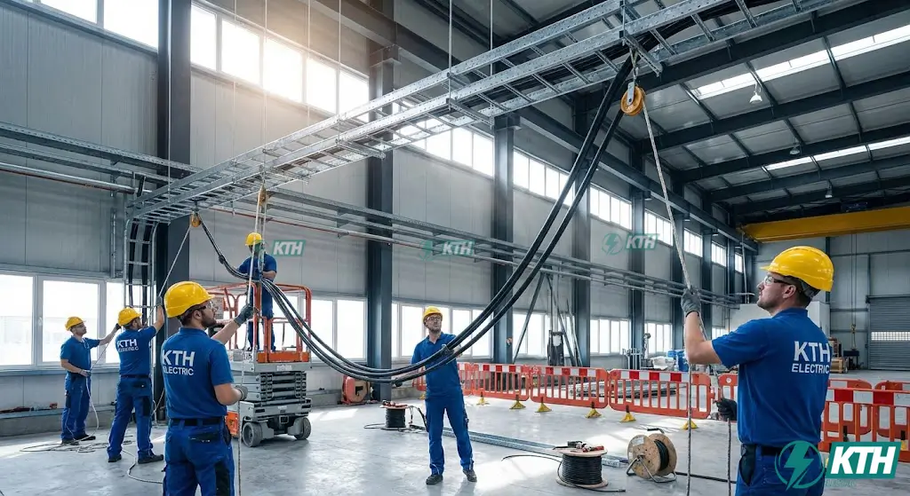 Kỹ sư điện KTH Electric đang thi công kéo rải cáp động lực hạ thế trên hệ thống thang máng cáp tại nhà máy công nghiệp.