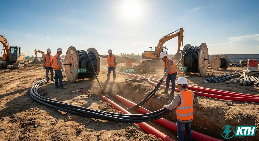 Kỹ sư điện đang thi công kéo rải cáp ngầm trung thế luồn trong ống nhựa HDPE gân xoắn tại công trình trạm biến áp.