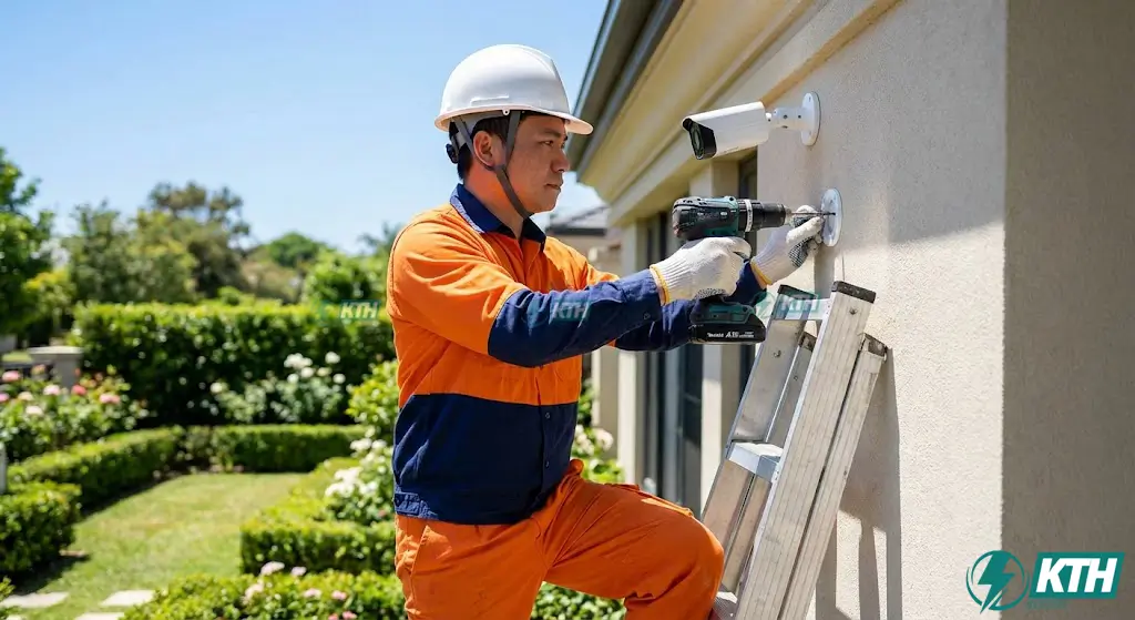 Kỹ thuật viên KTH Electric đang thi công lắp đặt camera quan sát ngoài trời cho biệt thự tại TPHCM.